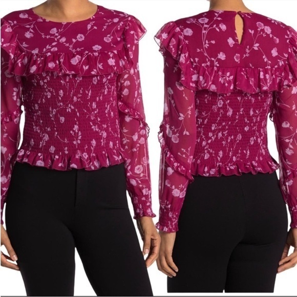 Wayf Magenta/ Hot Pink Floral Print Smocked Blouse with Ruffle Trim‎ sz S - Picture 1 of 6